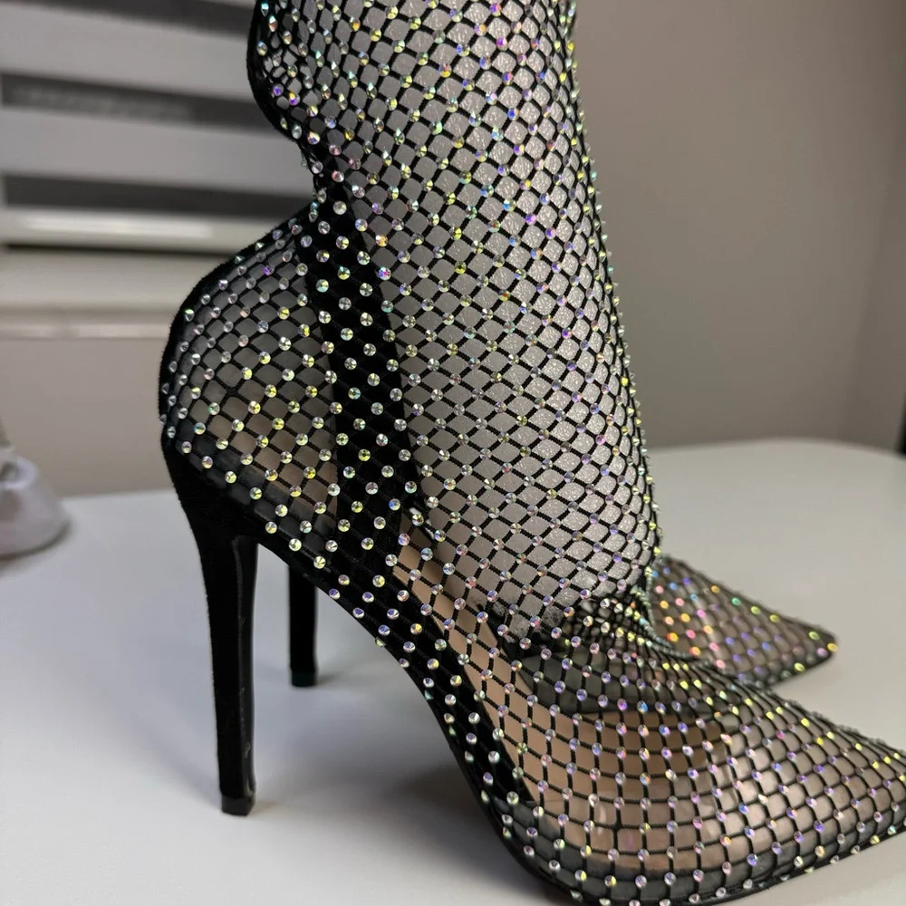 Women Sparkling Rhinestone Multicolor Diamond Detail Stiletto Ankle Sock Boots - Picture 4 of 9